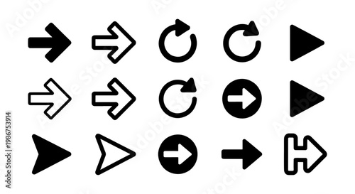 Minimalist black arrow icon set, 15 navigation symbols for web design, circular refresh and directional pointer vector collection, simple UI elements