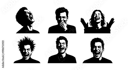Black and white stencil portraits of laughing people, set of 6 expressive male and female silhouettes, high contrast comic style character avatars