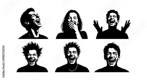 Minimalist black and white silhouette portraits of laughing people, set of 6 expressive human faces, high contrast vector illustrations of joy