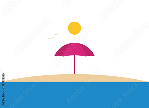 Peaceful summer beach scene with pink umbrella at sunny tropical getaway