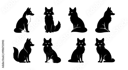 Black fox silhouette collection, set of 8 wild animal vector icons, minimalist forest wildlife silhouettes for logo design and branding