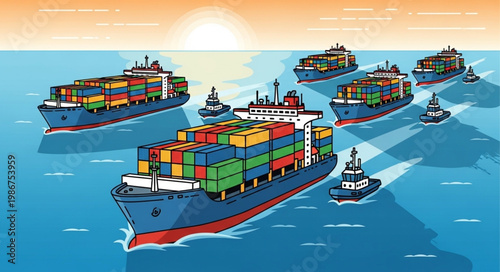 Container Ships Navigating the Ocean with Tugboats.