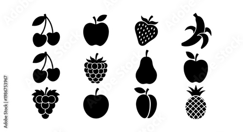 Black fruit icons set, minimalist organic food silhouettes, collection of 12 vector fruit symbols for grocery and healthy lifestyle branding