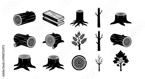Black and white wood log icons, set of 15 timber and tree stump vector elements, forestry and lumberjack industry graphics for carpentry and woodworking