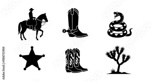 Wild West silhouette icons set, cowboy riding horse and rattlesnake vector, sheriff star and desert joshua tree, black western boot illustrations