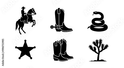 Wild West cowboy silhouette icons, 6 western vector elements including sheriff star and boots, rustic desert ranch graphics for branding