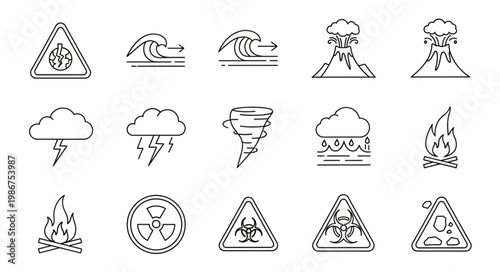 Collection of Natural Disaster and Hazard Warning Icons.