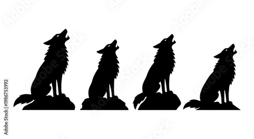 Howling wolf silhouette set, black wild dog animal silhouettes on rocks, 4 howling wolves vector icons for outdoor adventure and wilderness design