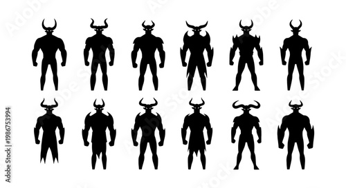 Demonic warrior silhouettes set, 12 horned devil character icons, mythical monster creature silhouettes for gaming and fantasy design