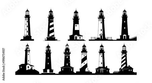 Nautical lighthouse silhouettes collection, set of 11 black and white maritime beacon icons, coastal navigation tower vector illustrations for marine design