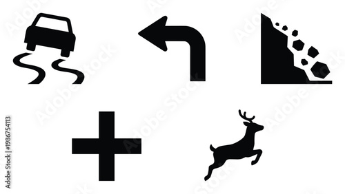 Comprehensive set of essential black silhouette road safety and traffic warning signs including slippery car, sharp left turn, falling rocks, intersection, and deer crossing for