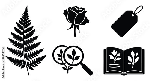 Botanical plant and flower icons depicting nature study and garden elements for educational resources and environmental themed projects