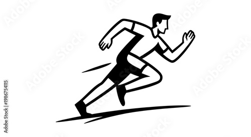 Minimalist running man vector icon, black and white athlete sprinting silhouette, dynamic male runner in motion, sports and fitness logo element
