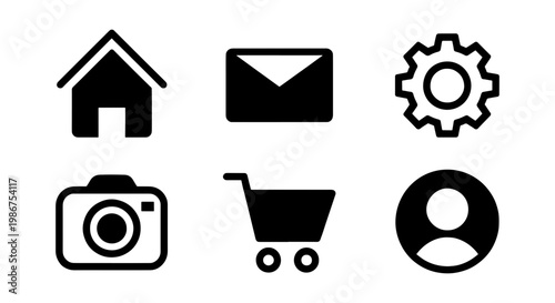 Minimalist black web icons set, 6 essential UI vector elements, flat navigation symbols for mobile app interface and website design