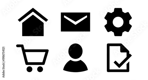 Minimalist black web icon set, collection of 6 flat vector symbols for user interface, essential navigation buttons for website and mobile app design