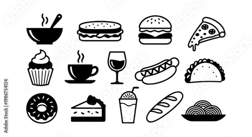 Minimalist fast food icons set, black and white restaurant menu symbols, 14 vector food and drink illustrations for cafe branding and signage