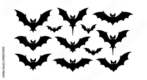 Halloween bat silhouettes set, black flying bats collection of 12 vector icons, spooky vampire bat wings for gothic party decoration and holiday design