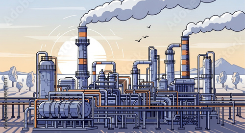 Industrial Complex with Smokestacks Emitting Pollution.