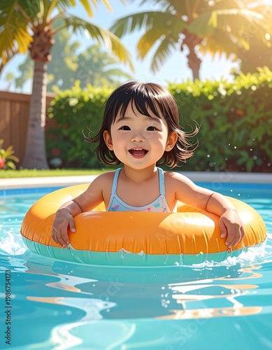 A young child in a pool with an inflatable ring