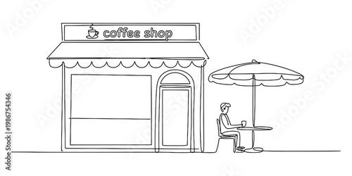 A single line drawing of a charming coffee shop exterior with a person sitting under a parasol Vector, illustration