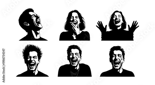 High-contrast silhouette portraits of people laughing, expressive black and white vector set of joyful human faces, emotional character avatars