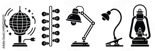 Diverse black silhouette lighting icons including disco balls, string lights, desk lamps, clipon lamps, and vintage lanterns, useful for modern interface design and thematic presentations.