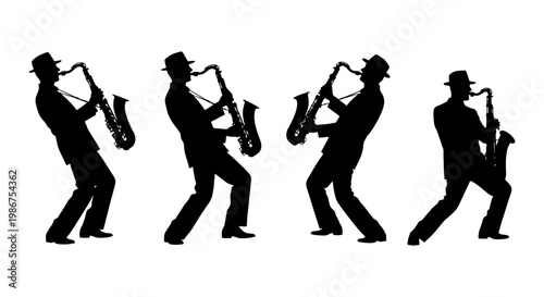 Jazz saxophone player silhouettes, set of 4 musician vector elements, black man playing sax in fedora hat, musical performance icons