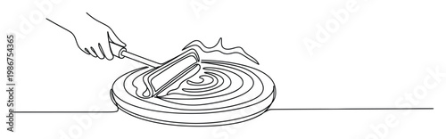Continuous single line art of a hand using a spreader to create a circular dish on a hot surface, perfect for food preparation blogs and cooking process visuals