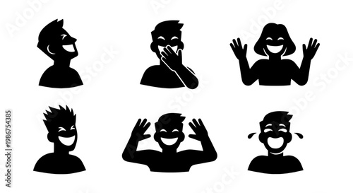 Laughing people silhouette icons, set of 6 happy character avatars, joyful human expressions in black vector style, cheerful person emoji symbols