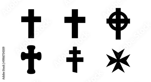 Religious Christian cross icons set, black silhouette crucifix symbols, 6 vector elements including Celtic and Maltese crosses for church design