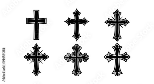Gothic Christian cross vector set, 6 black religious crucifix icons. Ornate decorative church symbols for tattoo design and spiritual branding