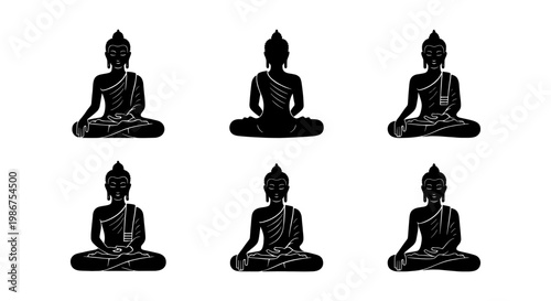 Buddha silhouette vector set, 6 meditation icons in black and white, zen spiritual figures for yoga and mindfulness branding, religious deity symbols