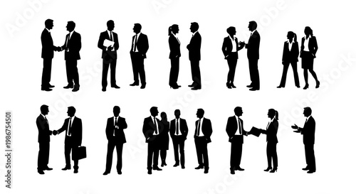 Business people silhouettes set, professional corporate team in suits, diverse office workers shaking hands and talking, 20 black vector figures