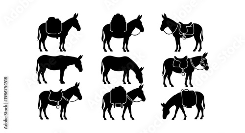 Donkey silhouette vector set, pack animal collection with saddles and cargo, black mule and burro icons isolated on white, 9 farm animal elements