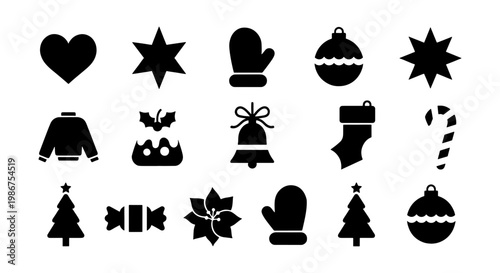 Minimalist Christmas icon set, black silhouette winter holiday symbols, 15 vector elements including Christmas tree, ornaments, and mittens for seasonal design