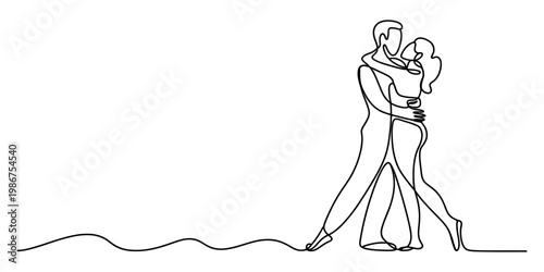 A minimalist single line drawing of a man and a woman embracing each other in a romantic dance Vector, illustration