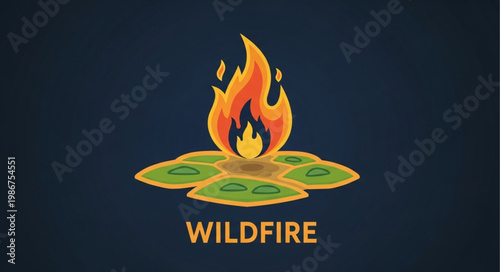Stylized Wildfire Illustration with Flames and Green Fuel on Dark Background.