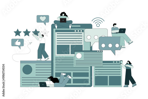 Social media, virtual communication. People use gadgets and social networks for communication.eps