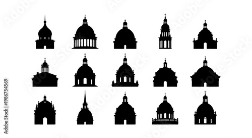 Classical architectural dome silhouettes, set of 15 cathedral and capitol building icons, black vector cupola shapes for historical landmarks