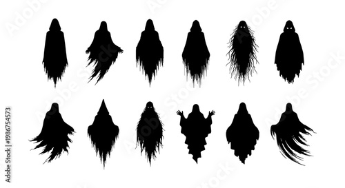 Spooky ghost silhouettes collection, set of 12 creepy phantom spirits, black ghostly figures for Halloween design, dark ethereal specter vectors