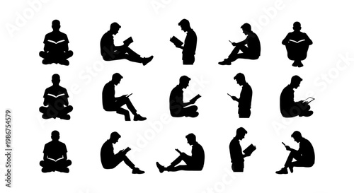 Black silhouette people reading books and using tablets, set of 15 male figures in sitting and standing poses, educational and library vector icons