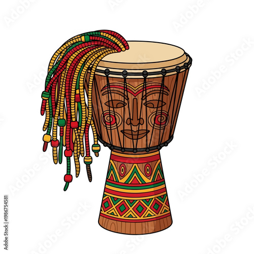 Djembe Drum with African Face and Colorful Dreadlocks