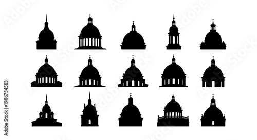 Classical dome silhouettes, set of 15 architectural cupola icons, black cathedral and government building roof vectors, historical landmark shapes