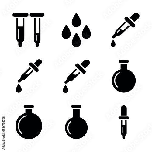 Science laboratory dropper icons collection featuring liquid droppers drops and measurement tools for chemistry medical experiments and scientific research design