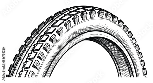 Dynamic hand drawn graphic of a rugged mountain bike tire tread showcasing durable rubber blocks perfect for outdoor sports equipment and vehicle component designs