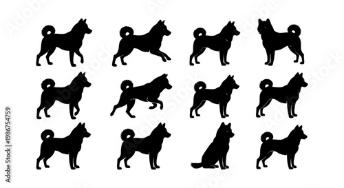 Shiba Inu dog silhouettes collection, 12 black canine vector elements, Japanese Akita and Husky breed poses, pet animal profile icons
