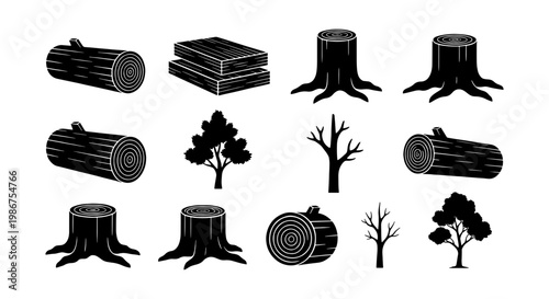 Black wood icon set with timber logs and tree stumps, collection of 12 forestry vector elements, wooden planks and tree silhouettes on white background