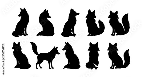 Black fox silhouette collection, 10 wild animal vector shapes, sitting and standing forest predator icons, minimalist wildlife nature graphics