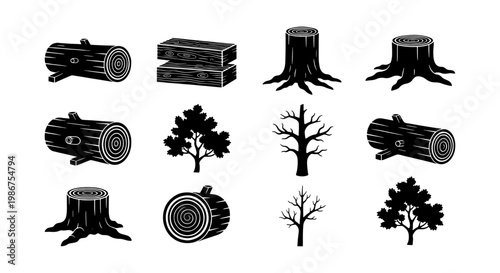 Vintage wood log and tree stump icons, black timber lumber and forest silhouettes, 12 vector elements for woodworking and forestry branding