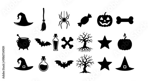 Halloween silhouette icon set, spooky black vector elements for autumn holiday design, 18 creepy symbols including pumpkin, bat, and witch hat